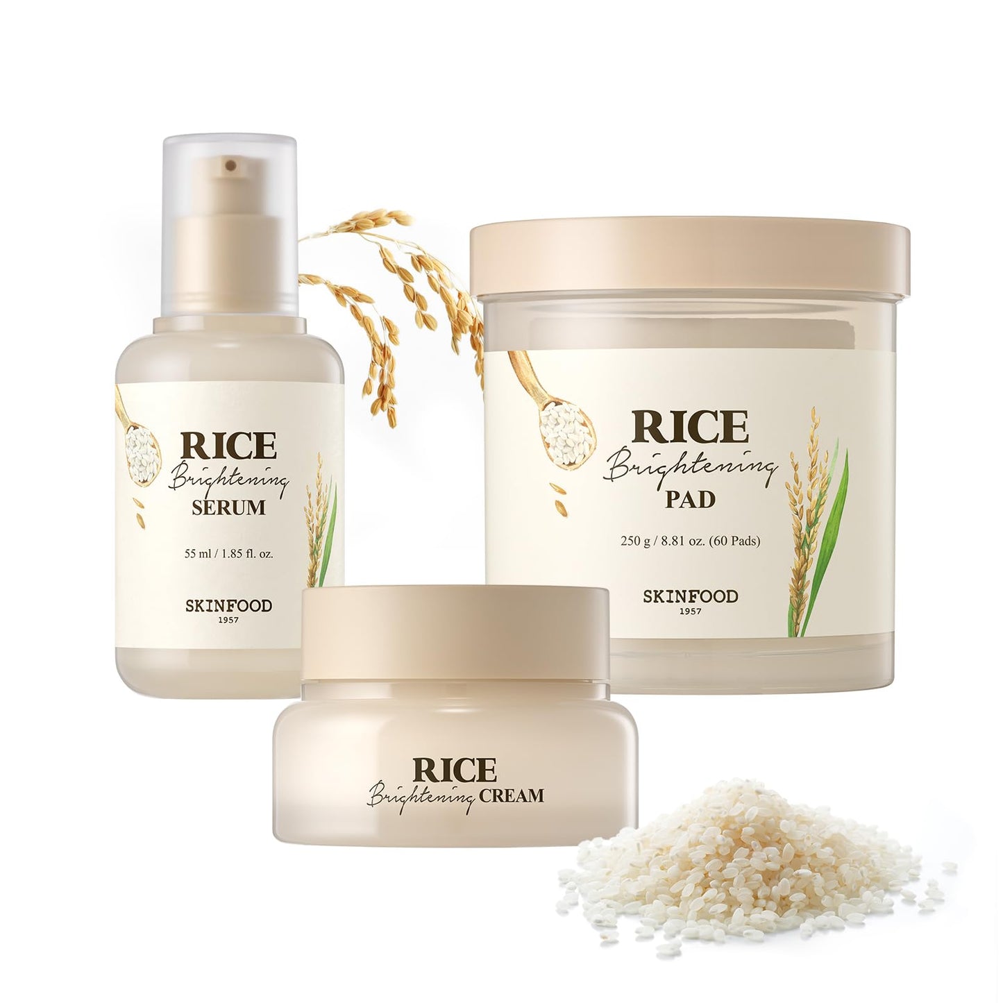 SKINFOOD Rice Skincare Set – Brightening & Hydrating Trio with Rice Daily Toner Pads, Rice Serum, and Rice Cream for Smooth, Glowing Skin