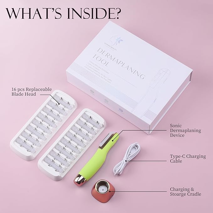 Sonic Dermaplane Razor for Women Face, Dermaplaning Tool for Face, Facial Hair Removal for Women, Sonic Edge Technology, Peach Fuzz with 16 Replaceable Blades(Green)