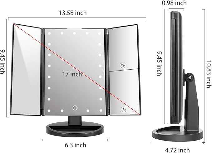 deweisn Tabletop Mount Trifold Lighted Vanity Mirror with 21 LED Lights, Touch Screen and 3X/2X/1X Magnification, Two Power Supply Mode Make up Mirror,Travel Mirror