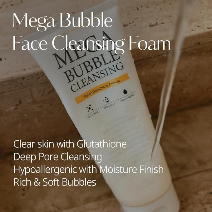 Mega Bubble Cleansing Foam 7.4 oz. 2 Pack – Deep Pore Facial Cleanser with Glutathione & Vitamn C,E - Gentle Hypoallergenic Moisturizing Wash for Sensitive Skin - Korean Skincare