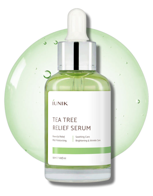 IUNIK Tea Tree Relief Vegan Serum for Acne-Prone Skin – Non-Sticky & Lightweight Facial Ampoule with Centella Asiatica for Soothing, Calming, and Balancing – Korean Skincare