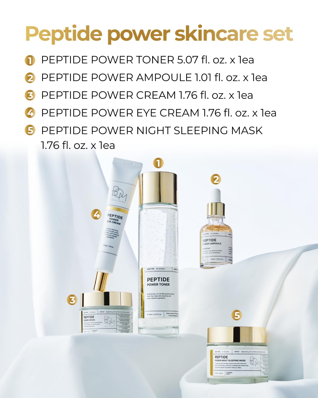 BOM COSMETICS A Set of Peptide Power Skincare With 5 Kinds of Items (Toner, Ampoule, Cream, Eye Cream, Sleeping Mask), 24K Gold & Pentapeptide for Skin Collagen Boost, Korean Skincare