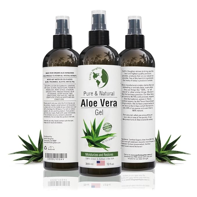 Earth's Daughter Organic Aloe Vera Gel from 100% Pure and Natural Cold Pressed Aloe – Moisturizes - Great for Face - Hair- Sunburn - Aftershave - Bug Bites - 12 oz.