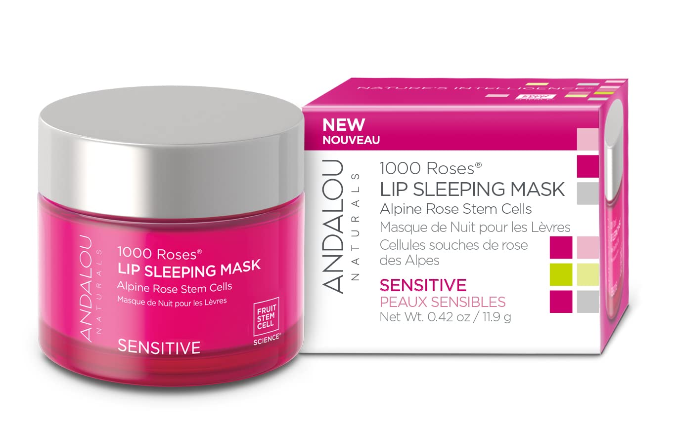 Andalou Naturals Mask 1000 ROSES, Overnight Sleeping Mask for Dry, Chapped Lips, Plumping, Hydrating & Soothing Balm with Alpine Rose Stem Cells, Vegan & Cruelty-Free, 0.42 O