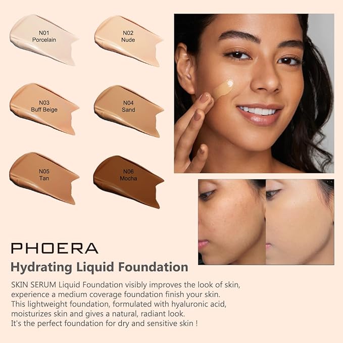 PHOERA Hydrating Essence Foundation,Waterproof and Light Long Lasting Buff Beige)