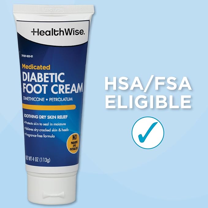 HealthWise Medicated Diabetic Foot Cream | Dimethicone + Petrolatum | Protects and Seals | Relieves Dry Heals | Paraben-Free | Odor-Free | 4.0 oz.