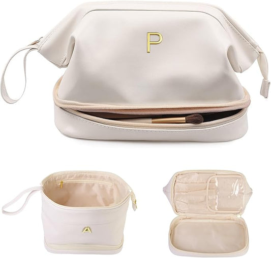Girl Gift Ideas, White Makeup Bag, Initial Double Layer Cosmetic Bag with Makeup Brush Organizer, PU Leather Travel Toiletry Bag Gifts for Women Her Friend Sister Mom Gifts