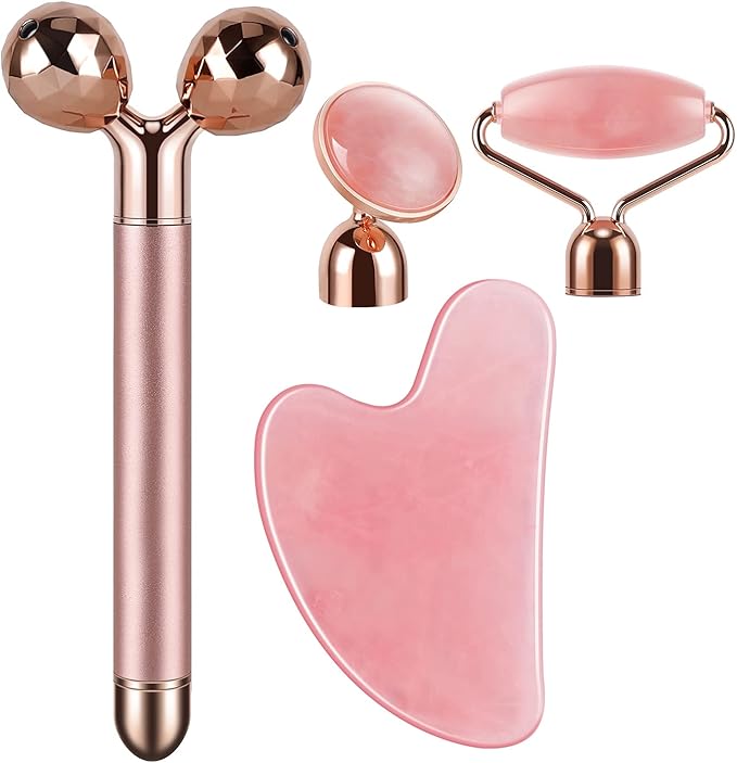 4-in-1 Face Massager and Gua Sha Set for Women, Rose Quartz Face Roller Skin Care Tools Electric Eye Massager Tool for Face Skin Roller