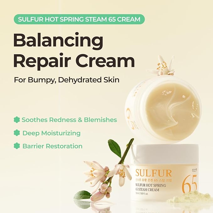 Sulfur Hot Spring Water 65% Repair Cream, Daily Face Cream Moisturizer for Dry Skin, Acne-prone, Sensitive Skin, Korean Skin Care (1.69 fl.oz. 50ml)
