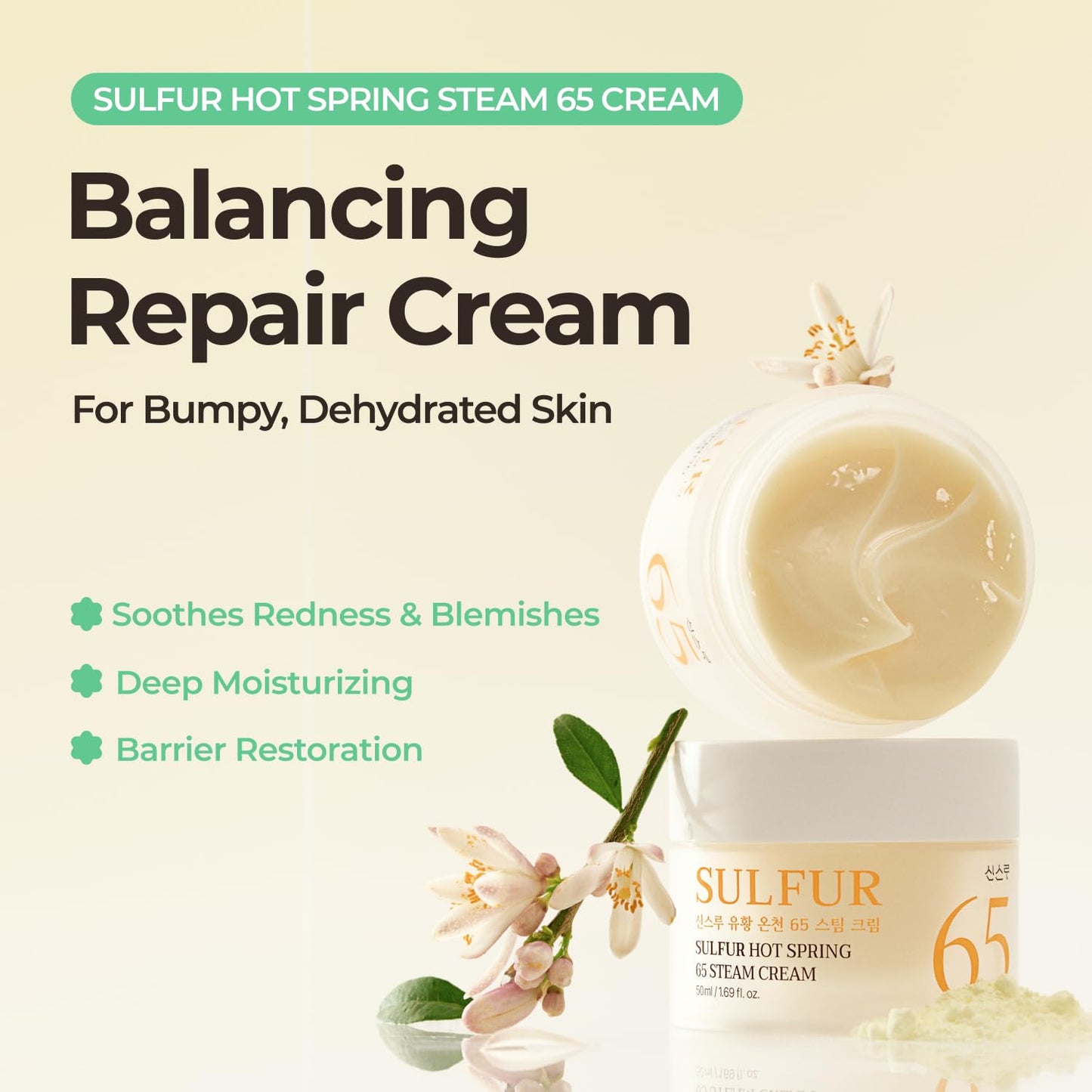 SINSURU Sulfur Hot Spring Water 65% Repair Cream, Daily Face Cream Moisturizer for Dry Skin, Acne-prone, Sensitive Skin, Korean Skin Care (1.69 fl.oz. 50ml)