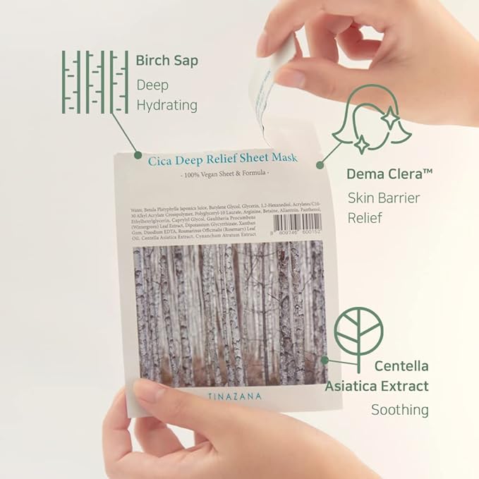 Vegan Cica Deep Relief Sheet Mask | Essence Full Face Facial Mask Sheet, Sensitive Dry Skin, Soothing, 100% Vegan Formula, Birch Sap, Panthenol, All Green EWG, Microfiber Sheet Korean Face Mask Set for Women, Men, 0.84Oz (25ml)