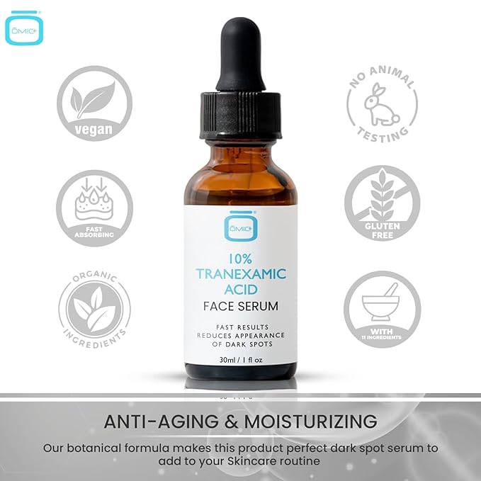 OMIC 10% Tranexamic Acid Serum for Face - 1 fl oz / 30ml - Skin Brightening Serum, For Brown Spots, Even Out Skin Tone - with Hyaluronic Acid, Glycerin, Natural formula