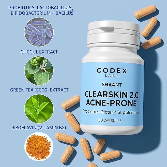 Shaant Clear Skin Supplement – 60 Vegan Capsules | Acne Probiotics with 9-Strain Blend, Green Tea EGCG & Guggul – Daily Support for Acne-Prone Skin & Clear Complexion