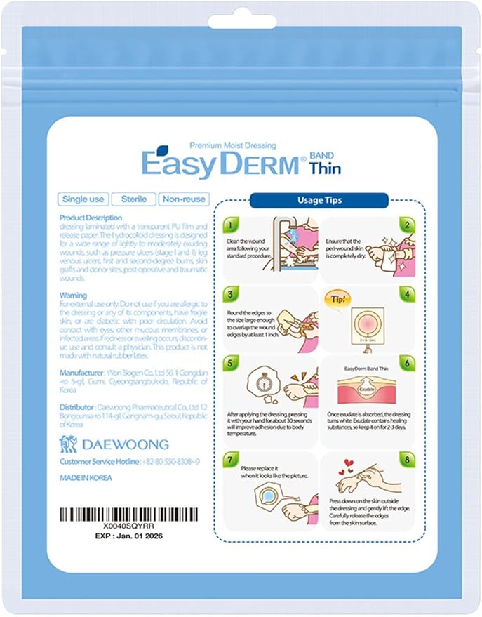 Easyderm Thin Hydrocolloid Large Wound Dressing 4”x4” 2 Pack (4 Dressings) Waterproof, Latex Free, Highly Absorbent Dressing for Burns, Blisters, Pimple Care and Wound Healing with Mini Scissor