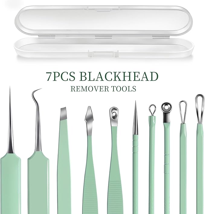 Teenitor 7 Pcs Surgical Grade Blackhead Remover Tools and Pimple Popper Tool Kit, Ingrown Hair Tweezers, Blackhead Tweezers, Precision Tweezers, Pimple Extractor, Light Green