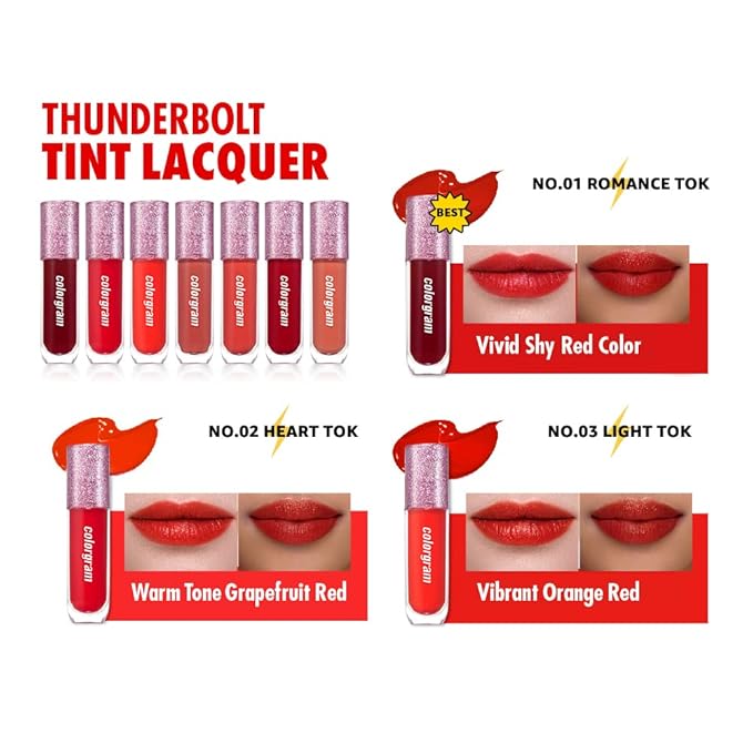COLORGRAM Thunderbolt Tint Lacquer 06 Pretty Tok | Highly Pigmented, Long Lasting, Moisturizing Lip Stain, Buildable and Blendable Lip Tint (0.2 fl.oz)