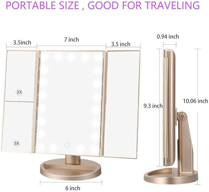 deweisn Floor Mount Tri-Fold Lighted Vanity Mirror with 21 LED Lights, Touch Screen and 3X/2X/1X Magnification, Two Power Supply Modes Make Up Mirror,Travel Mirror