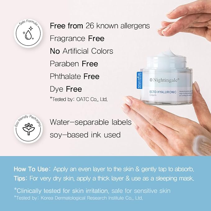 Nightingale Ecto-Hyaluronic Cream with 8 layer Hyaluronic Acid, Ectoin, Daily Face Moisturizer For Dry Skin, Fragrance Free, Hypoallergenic, Allergen Free, Cruelty Free, Vegan, Korean Skin Care