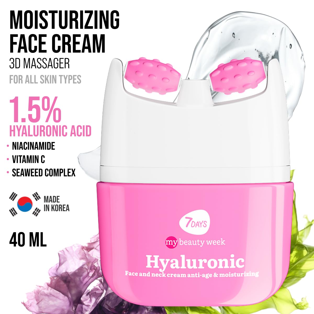 7DAYS Face Moisturizer with Hyaluronic Acid – Korean Skin Care Daily Face Cream for Women – Anti Aging, Anti-Wrinkle, Firming – with Face Roller & Neck Massager – 1.35 fl oz