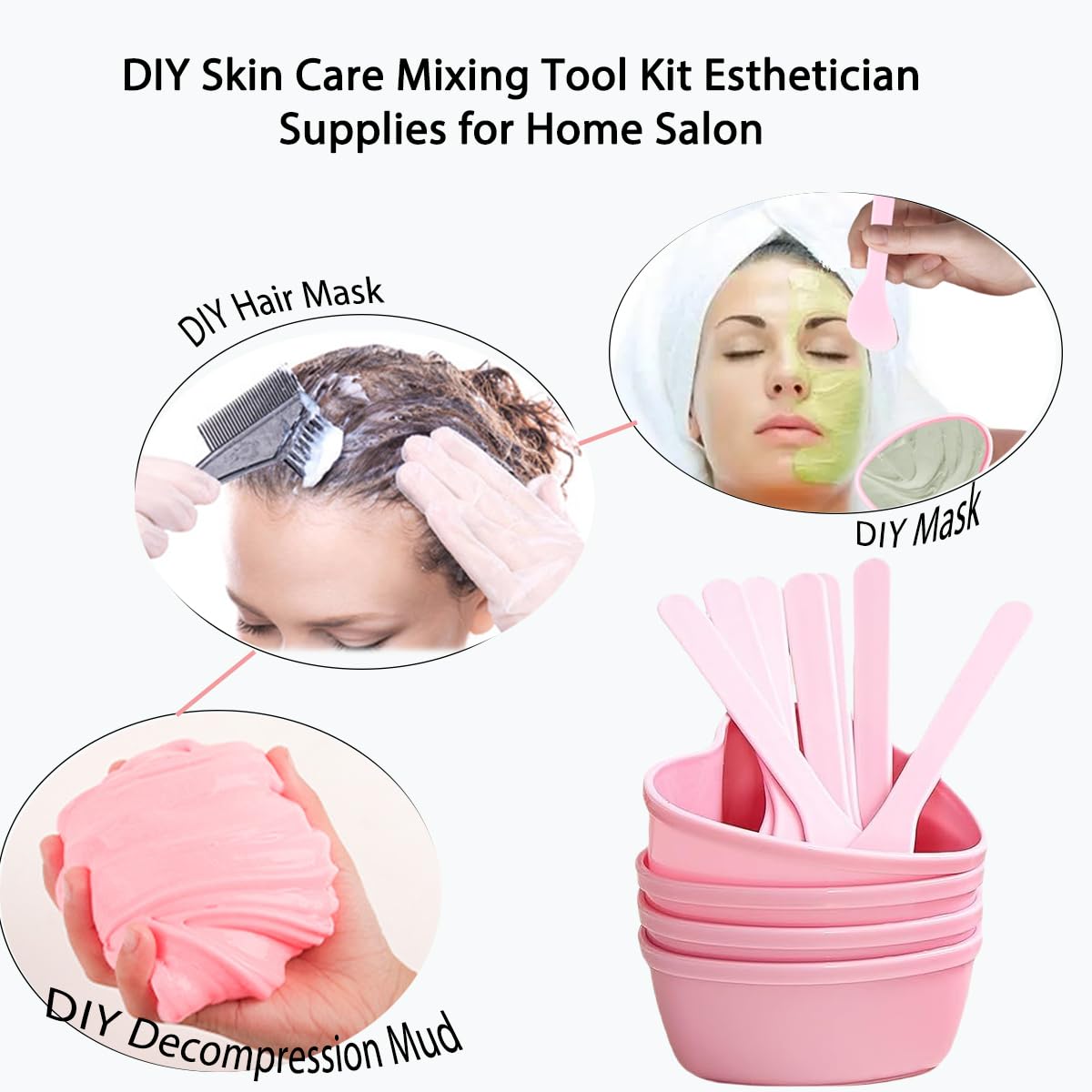 icyhey 5 Pairs Pink Heart-shaped Plastic Facial Mask Mixing Bowls Set with Spatulas - DIY Skincare Mixing Tool Kit, Mud Masks, Home Salon, and Beauty Salon Use, Face Mask Applicator Tool(5Pcs)