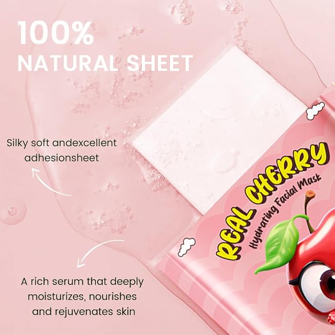 8 Pack Cherry Kids Face Mask,Pink Face Masks Skincare Spa Day Kit Supplies,Spa Party Favors for Teens Girls Women,Sheet Facial Mask Skincare Gifts Set,Moisturize Soothe for All Skin Types
