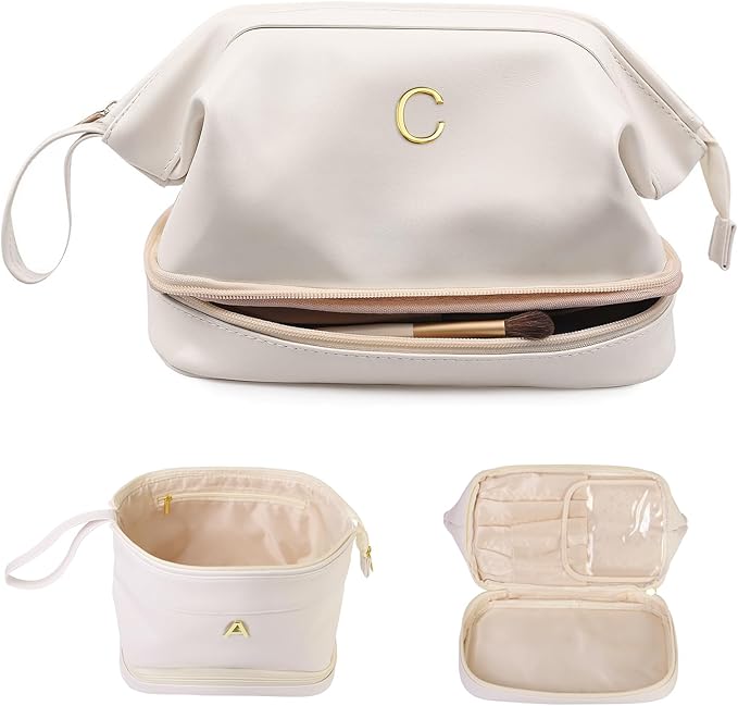 Women Gifts, Initial Makeup Bag, Personalized Double Layer Cosmetic Bag with Makeup Brush Organizer, Waterproof, Large Capacity PU Leather Travel Toiletry Bag, Gift for Wife