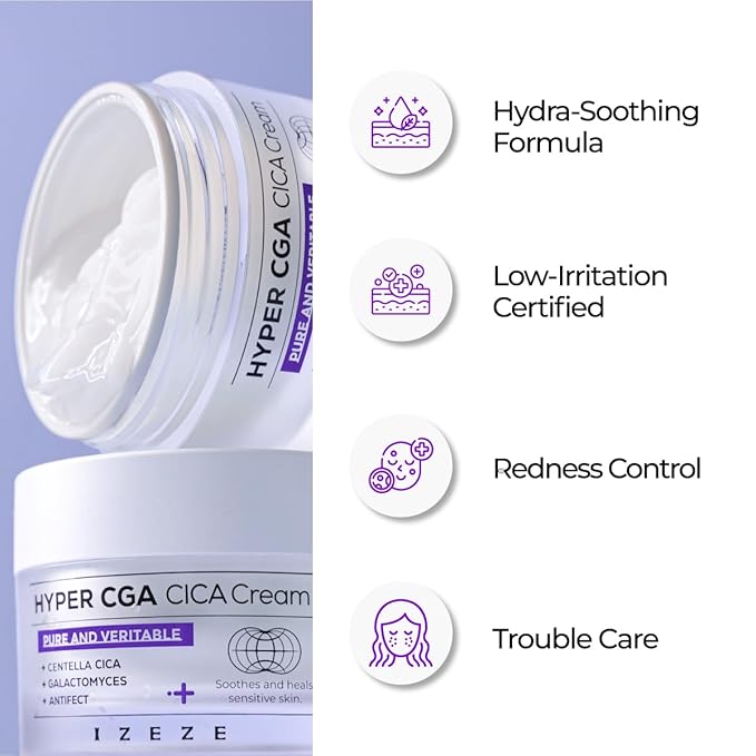 IZEZE Hyper CGA Cica Cream 1.69 fl.oz, 50ml | Centella Asiatica for Calming, Korean Skincare Cream for Soothing, Acne Prone Skin, Low Irritation for Sensitive Skin, Skincare Coreano