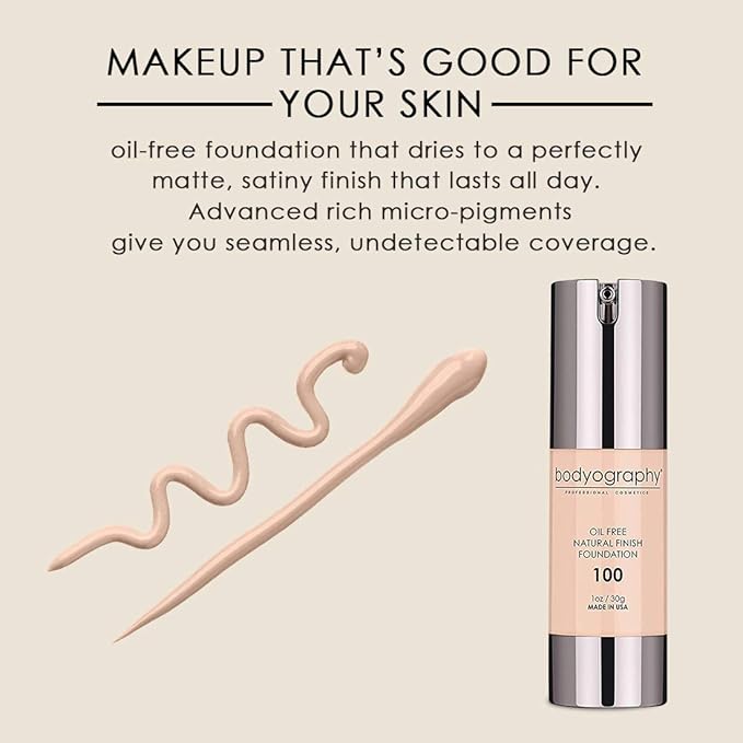 Bodyography Natural Finish Foundation Makeup (Light #100) Oil-Free Gluten-Free, Paraben-Free, 1 oz