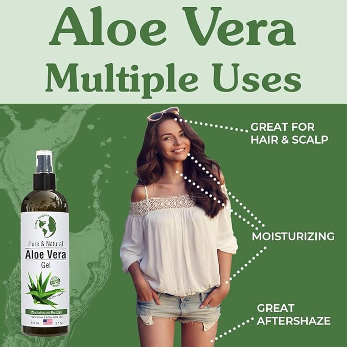 Earth's Daughter Organic Aloe Vera Gel from 100% Pure and Natural Cold Pressed Aloe – Moisturizes - Great for Face - Hair- Sunburn - Aftershave - Bug Bites - 12 oz.