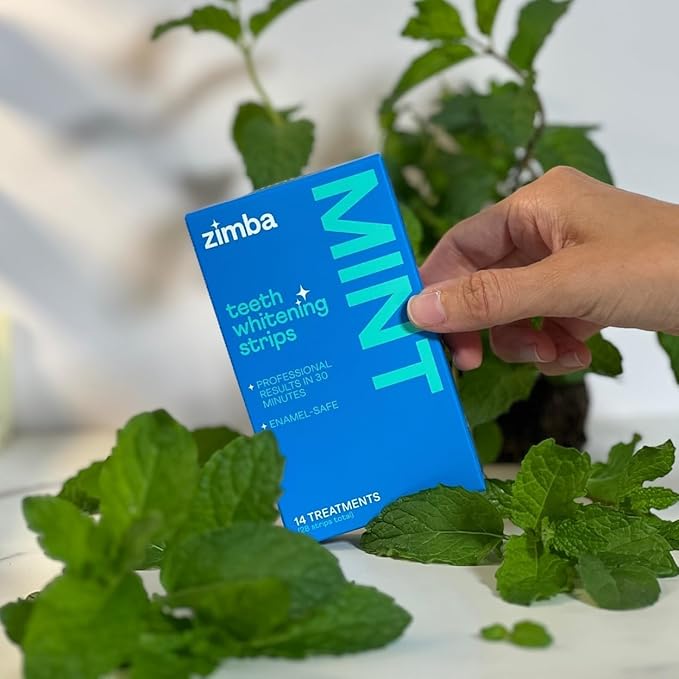 Zimba Mint Teeth Whitening Strips – 28 Vegan, Enamel-Safe Strips with Hydrogen Peroxide, 14-Day Treatment – Tooth Whitener for Coffee, Wine, Tobacco, Other Stains