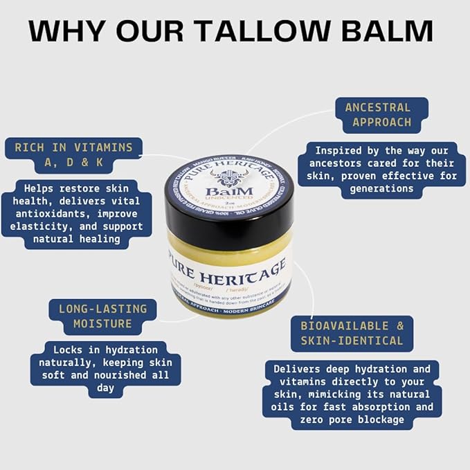 Pure Heritage Handmade Tallow Balm – Unscented Grass-Fed & Finished Moisturizer & Healing Cream | Natural Care for Sensitive Skin, Eczema, Rosacea, Babies, Men & Women (4oz)