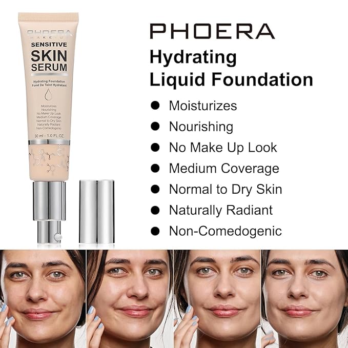PHOERA Hydrating Serum Foundation,Flawless Full Coverage and Hypoallergenic Sand, norm)