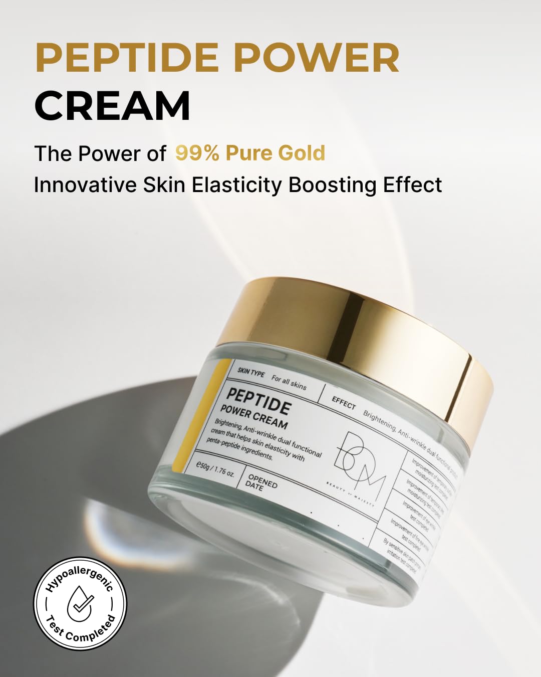 bom COSMETICS Peptide Power Cream 1.76 Fl Oz, Daily Moisturizing Cream with Peptide and 99% Pure Gold for Hydration, Collagen Support to improve Skin Texture, Skin Barrier Care, Korean Skincare