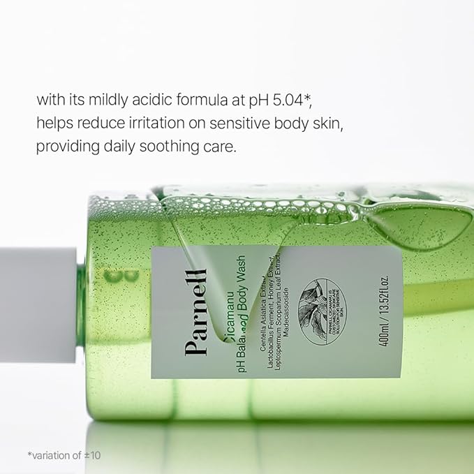 Parnell Cicamanu pH Balanced Body Wash - Centella Asiatica, Salicylic Acid, Ceramide, Mild Cleansing and Soothing for Sensitive, Troubled and Acne-Prone Body Skin and Back Acne (13.5 Fl Oz / 400ml)