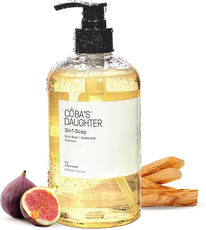 COBA'S DAUGHTER | 3in1 Bubble Bath, Body Wash & Hand Wash for Men and Women | Nourishing Fig & Cedarwood Scent Liquid Soap with Inulin & Seaweed Extract | Cleanses, Softens & Conditions Skin (16.9oz)