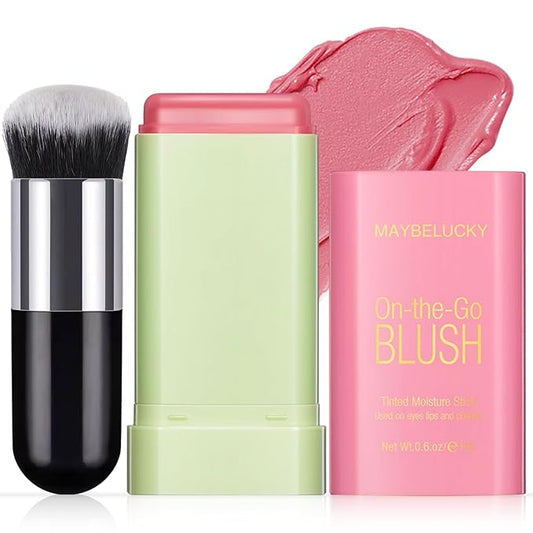 Cream Blush Stick for Cheeks, Multi-Use Makeup Blush Brush-Shy Pink