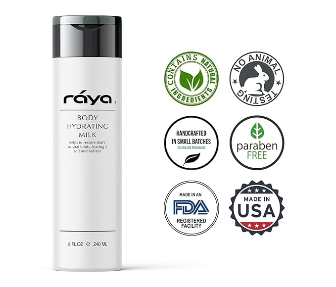 Raya Body Hydrating Milk 8 oz (S-102) | Hydrating, Moisturizing, and Restorative Body Lotion | Rich in Natural Oils, Butters, and Vitamins | Calms and Softens