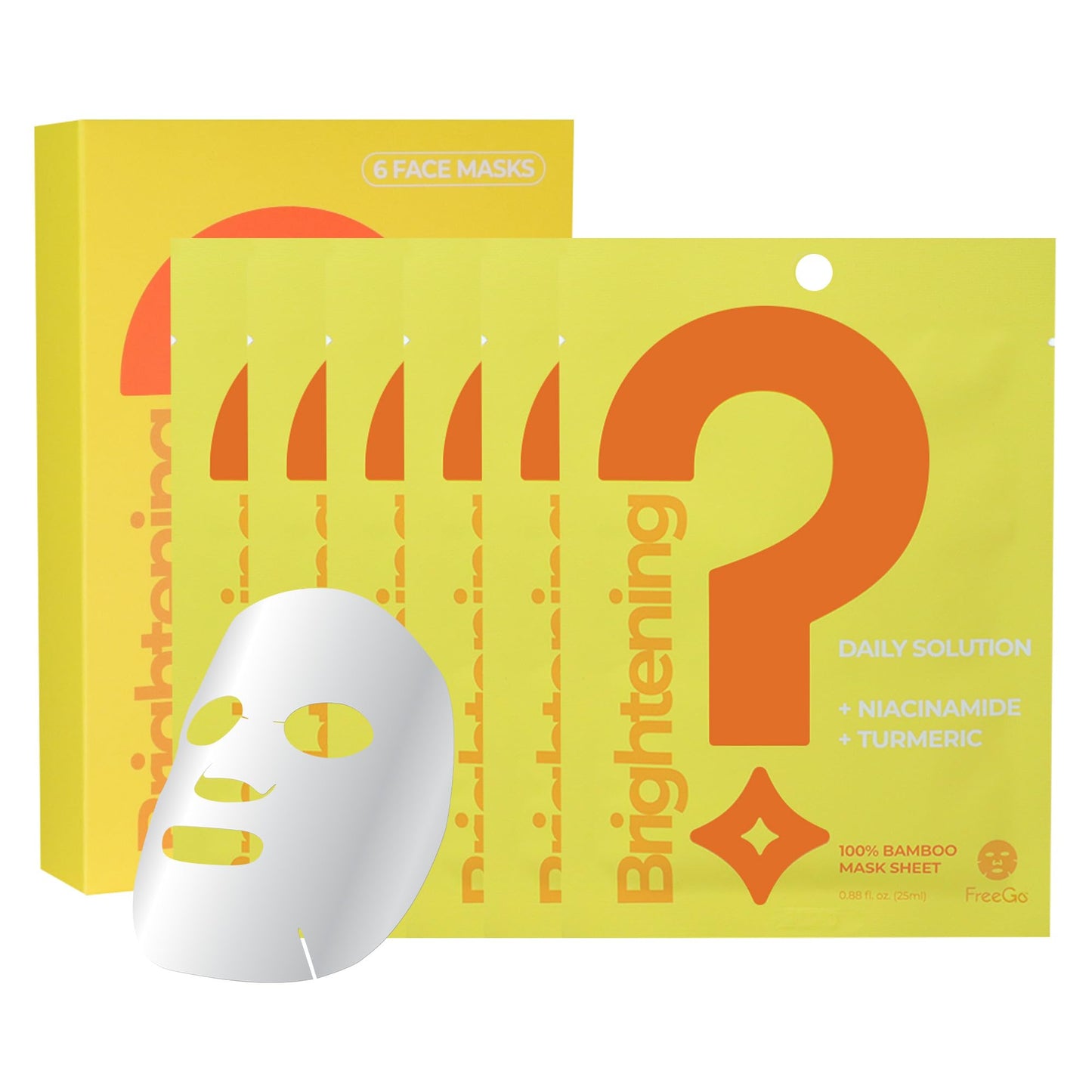 FreeGo Brightening Daily Solution Niacinamide Turmeric Facial Mask Sheet (6-Pack) | K-Beauty Skincare to Glowy Glass Skin