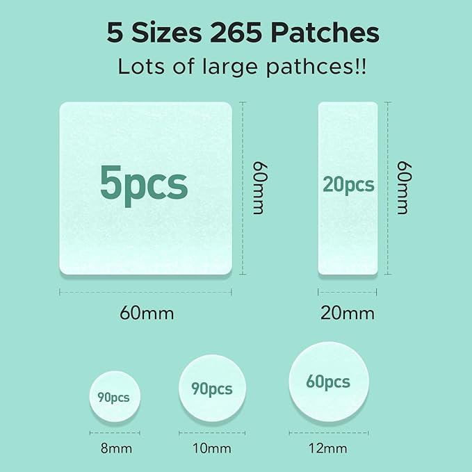 TKTK Large Pimple Patches, 60 mm XL Acne Patches, Big Hydrocolloid Bandages for Body, Face, Forhead, Chin, Neck Zit Breakouts, Hydrocolloid Patch (Square, Strip, Dot 5 Sizes 265 Count)