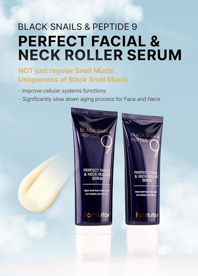 Farmstay Black Snail & Peptide 9 Perfect Facial & Neck Roller Serum – Firming & Lifting, Deep Hydration & Skin Elasticity, Snail Mucin & 9 Peptides for Youthful Glow & Smooth Skin, 100ml