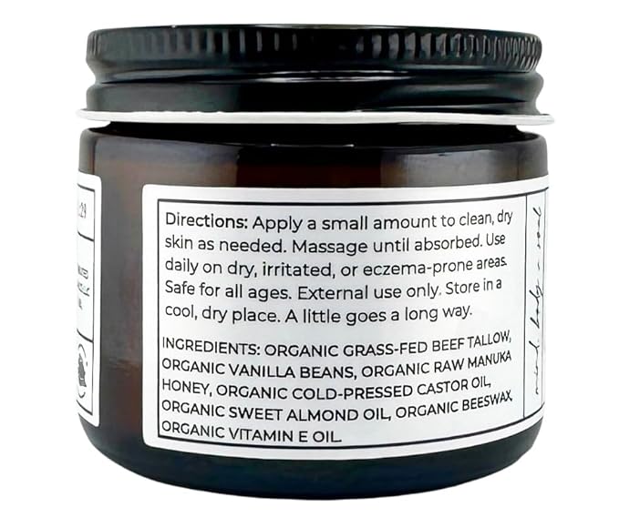 Organic Tallow Balm, Vanilla and Manuka Honey, All-purpose Moisturizer, Safe for sensitive skin, Healing balm, 2 oz glass jar