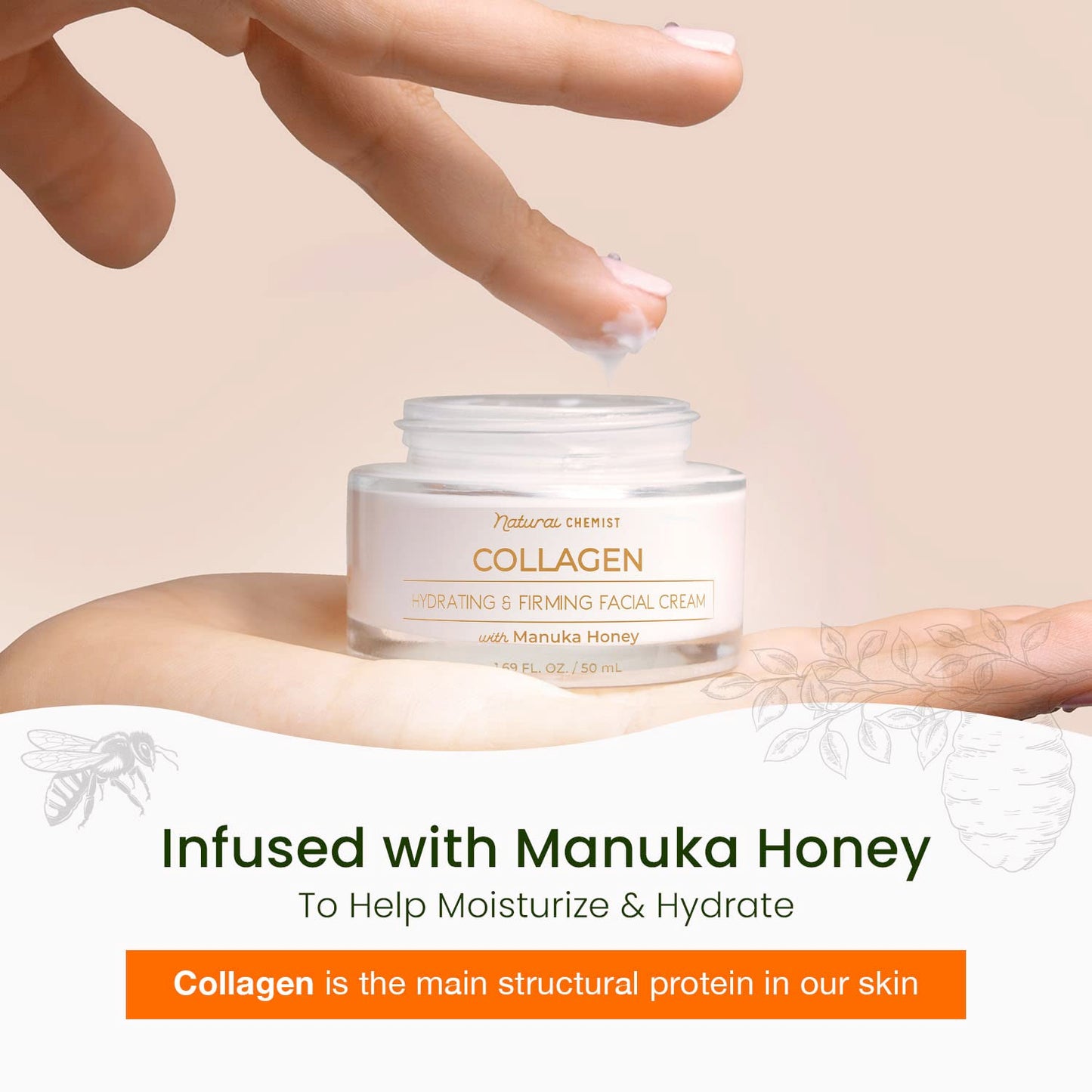 Natural Chemist Collagen & Manuka Honey Daily Face Moisturizer - Balances pH, Anti-Aging, Skin Firming, Dermatologist Tested, Cruelty Free Korean Skin Care For All Skin Types - 1.69 fl. oz