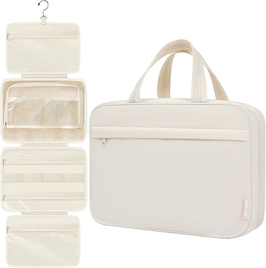 Toiletry Bag For women,Portable Hanging Organizer,4 Leakproof Compartment for full-sized Conditioner, Brushes Set, Makeup Accessories,Visible and easy to access.L-beige
