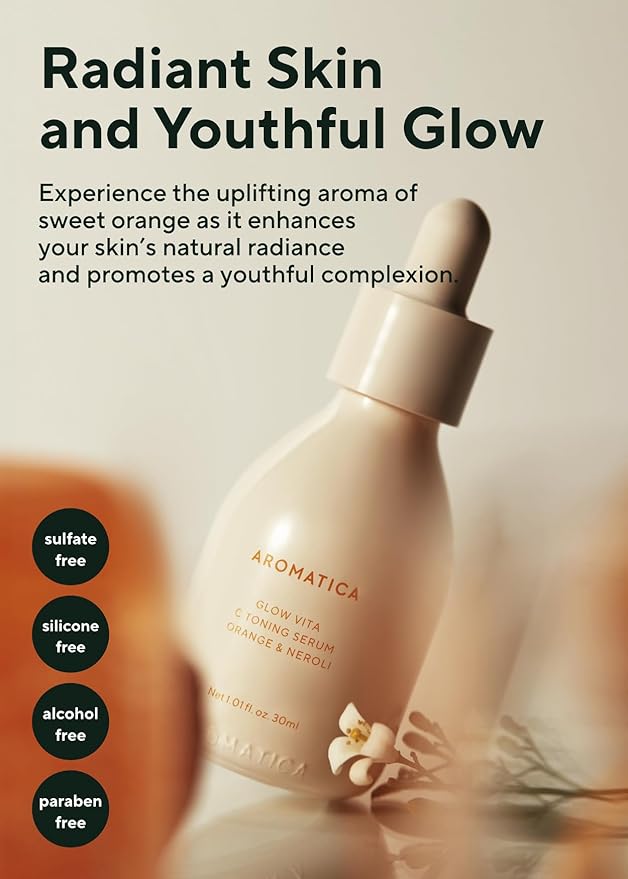 AROMATICA Glow Vita C Toning Serum Orange & Neroli - Orange Vitamin C Serum for Face with Hyaluronic Acid for Sensitive Skin (30ml/1.01 fl. oz)
