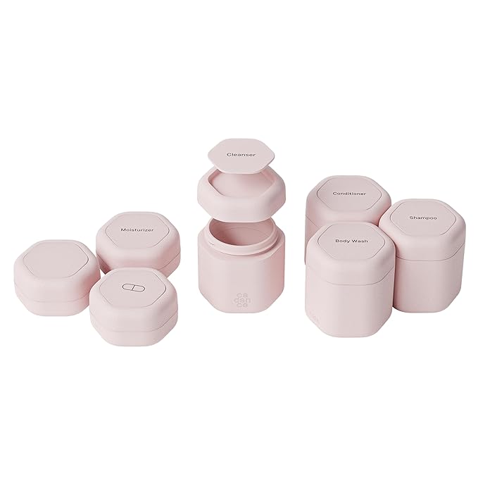 Cadence Travel Containers - Daily Routine Capsule Set - Magnetic Containers with Lids,4 Flex Mediums (1.32oz) & 3 Flex Smalls (0.56oz) - Shampoo, Conditioner, Body Wash, Pills, & More - Petal