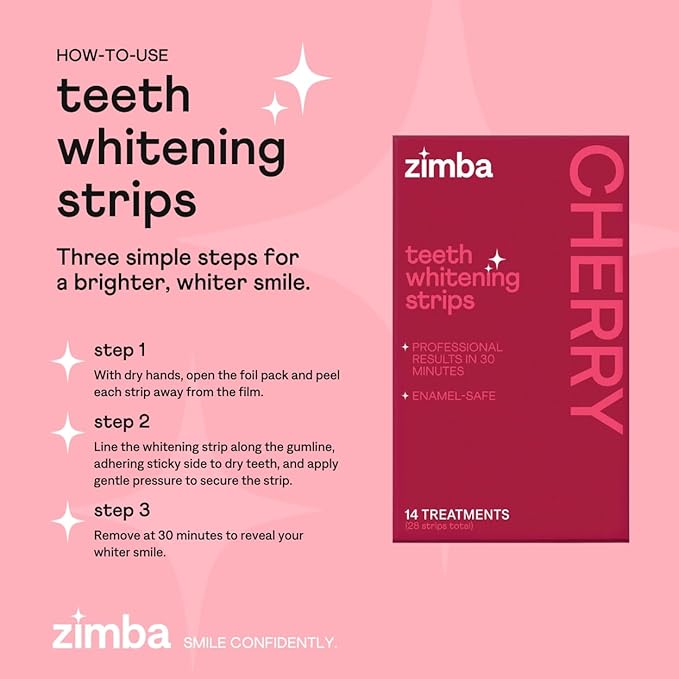 New Zimba Cherry Flavored Teeth Whitening Strips | Vegan, Enamel Safe Hydrogen Peroxide Teeth Whitener for Coffee, Wine, Tobacco, and Other Stains | 14 Day Treatment | Cherry