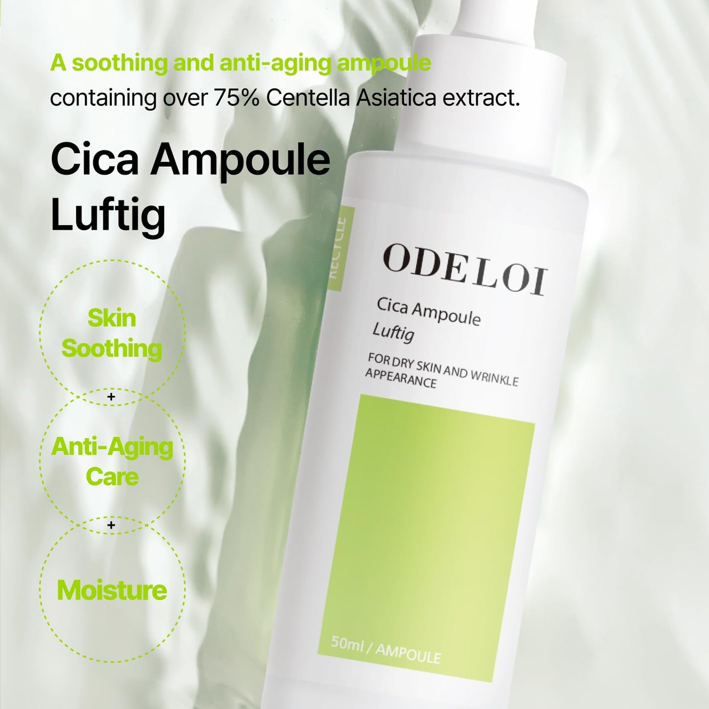 ODELOI Cica 75% Ampoule Luftig 1.69 fl.oz / 50ml, Skin Soothing and Repair, Pore Care and Smooth Texture, Daily Hydration with Centella Asiatica Extract, Korean Skincare, All Skin Types