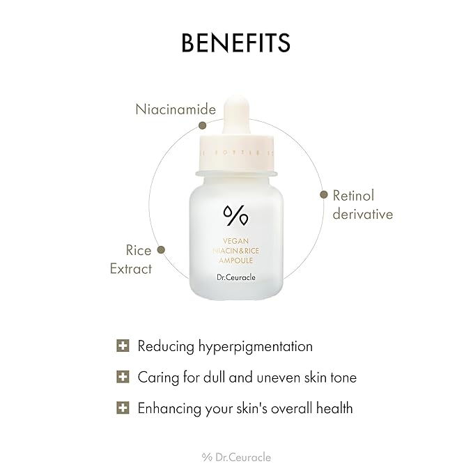 Dr.Ceuracle Vegan Niacin & Rice Ampoule - Dark Spot Discoloration Correcting Facial Treatment Serum with Soft and Silky Finish (30 ml / 1.01 fl. oz.)