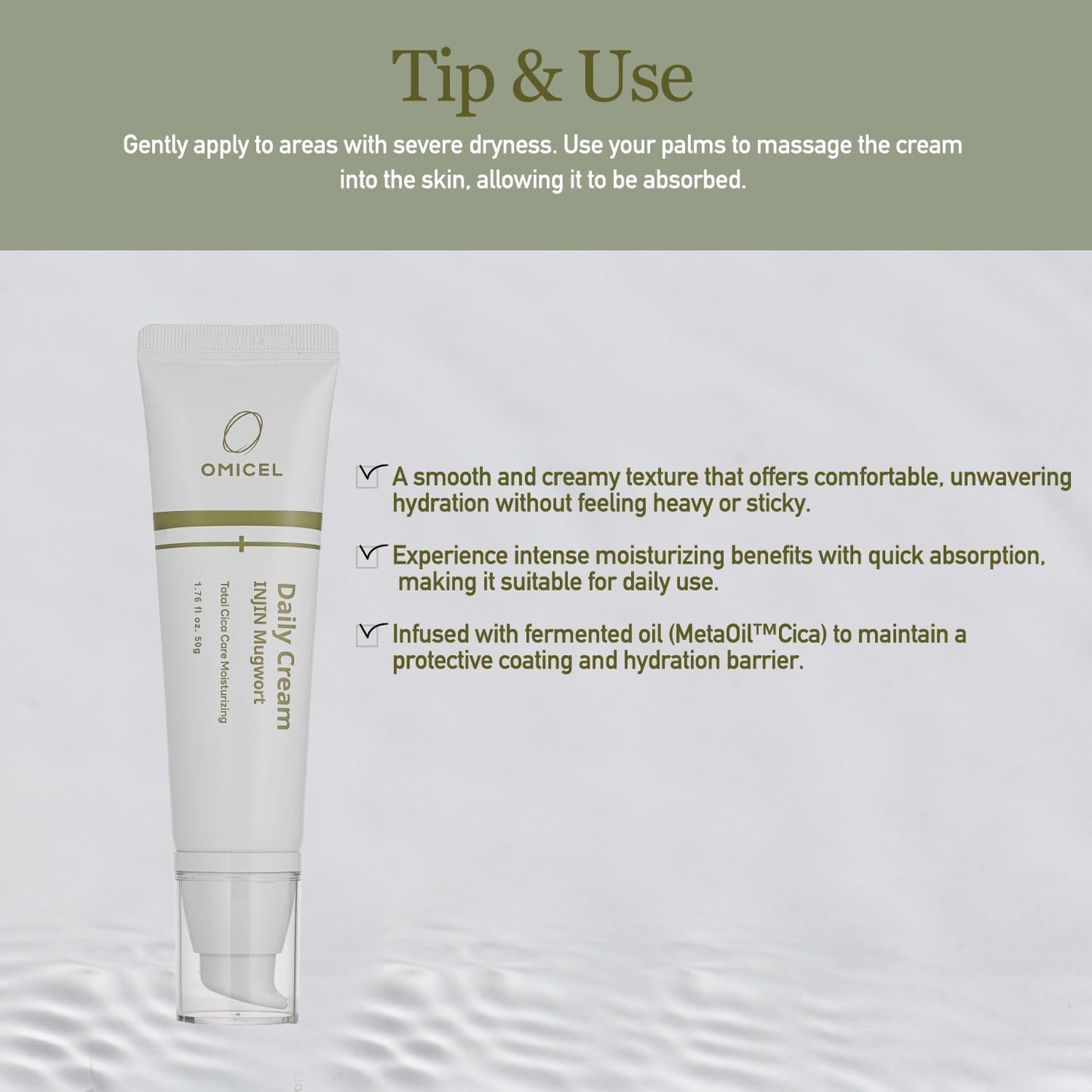 OMICEL INJIN Mugwort Daily Cream 50mL(1 Count) - Hydrating Korean Skincare Solution | Moisturizing Face & Body Cream with Candida Bombicola Ferment