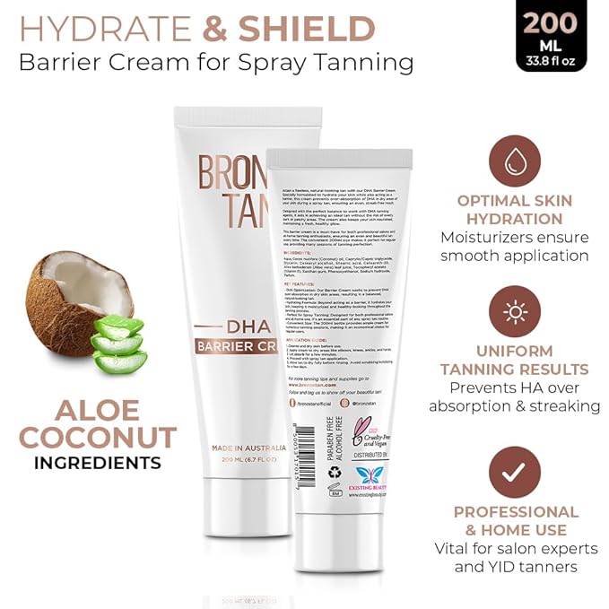 Bronze Tan DHA Spray Tan Barrier Cream - Barrier Cream for Spray Tanning - Essential for Spray Tan Salons - Barrier Cream Spray Tan Hydrates & Shields Skin - Prevent Over-Absorption & Uneven Tan 200ml